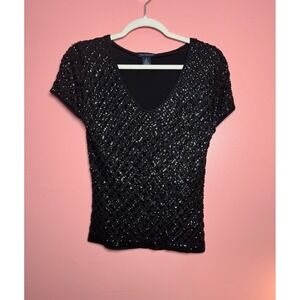 Ann Taylor Sequin Silk Top Women Size S Black V-Neck Short Sleeve Beaded